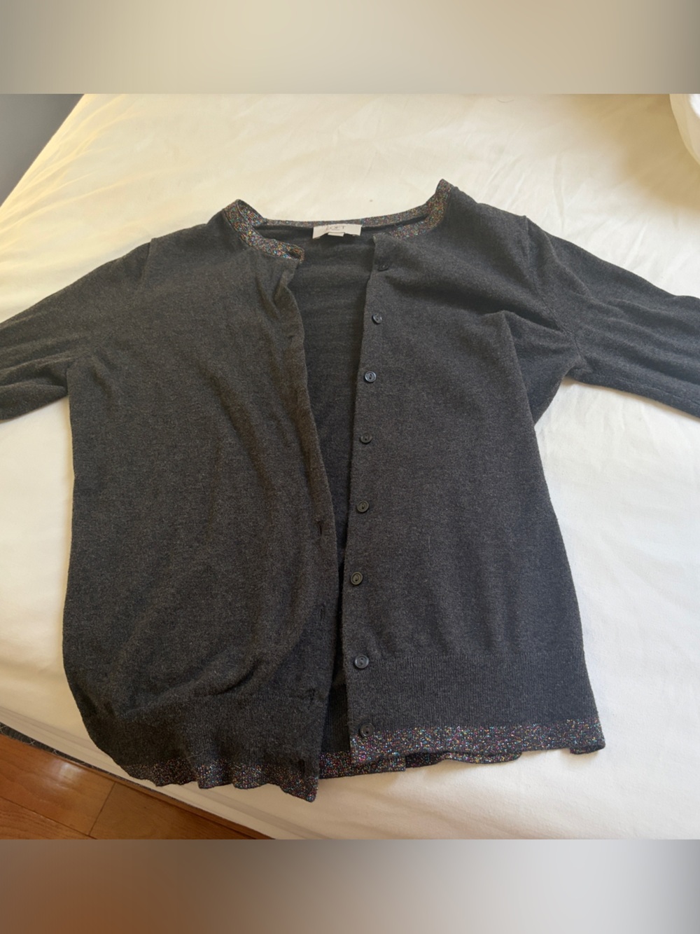 LOFT Dark Gray Button-Front Cardigan with Multicolor Trim